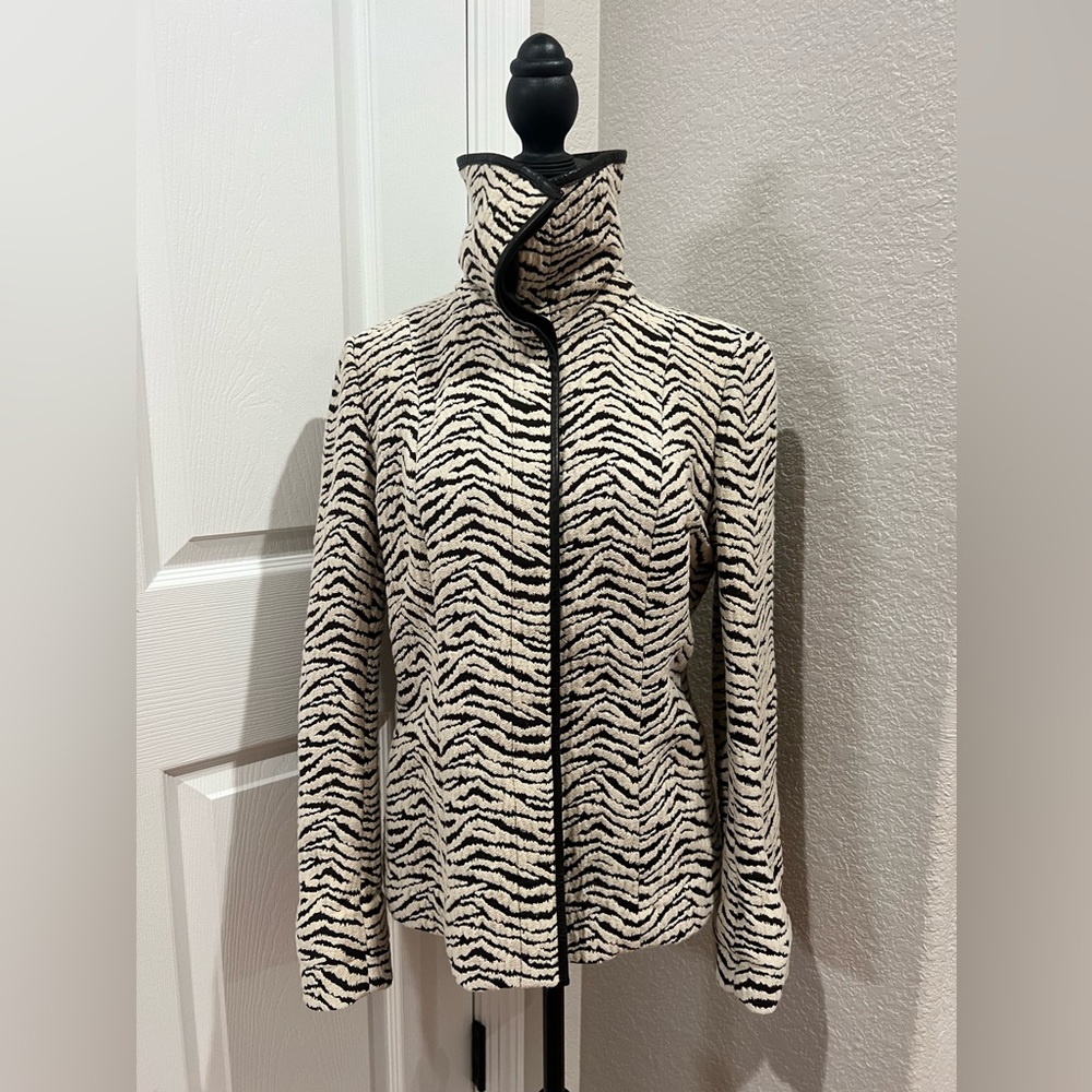 $598 Lafayette 148 New York Zebra-Print Wool Blend Leather Trim Jacket Blazer 4